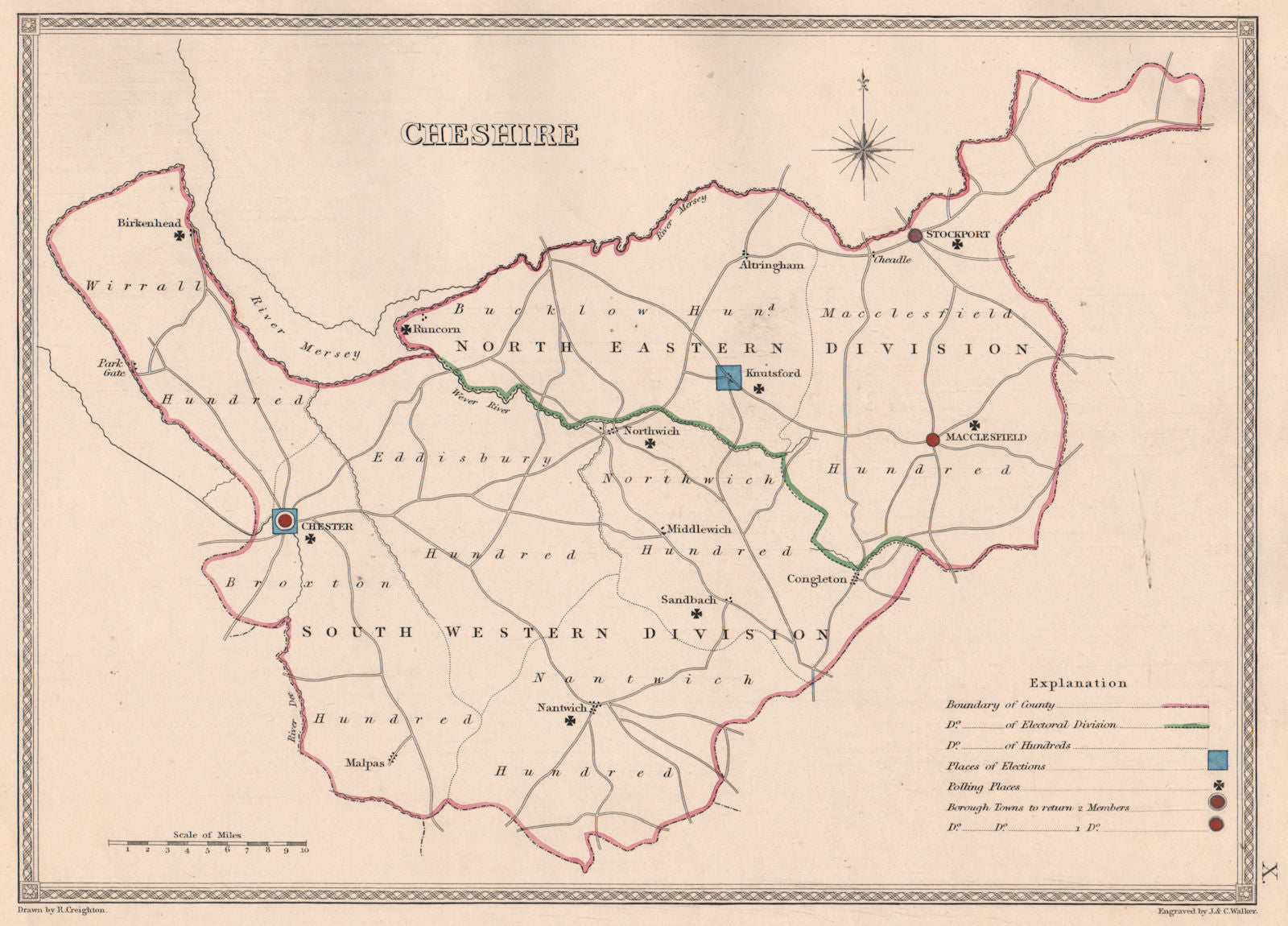 CHESHIRE antique county map by CREIGHTON/WALKER. Electoral 1835 old